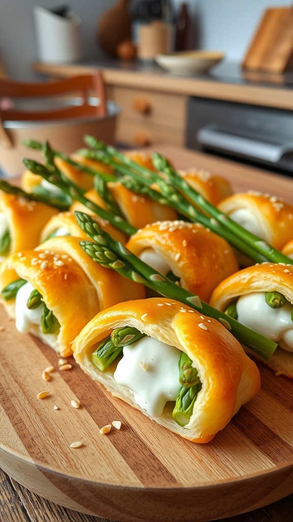 Savory puff pastry bundles with asparagus, cream cheese, and sesame seeds on a wooden platter.